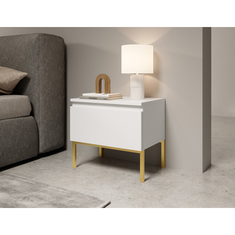 Moaad 49cm W Steel Bedside Table, White/Gold