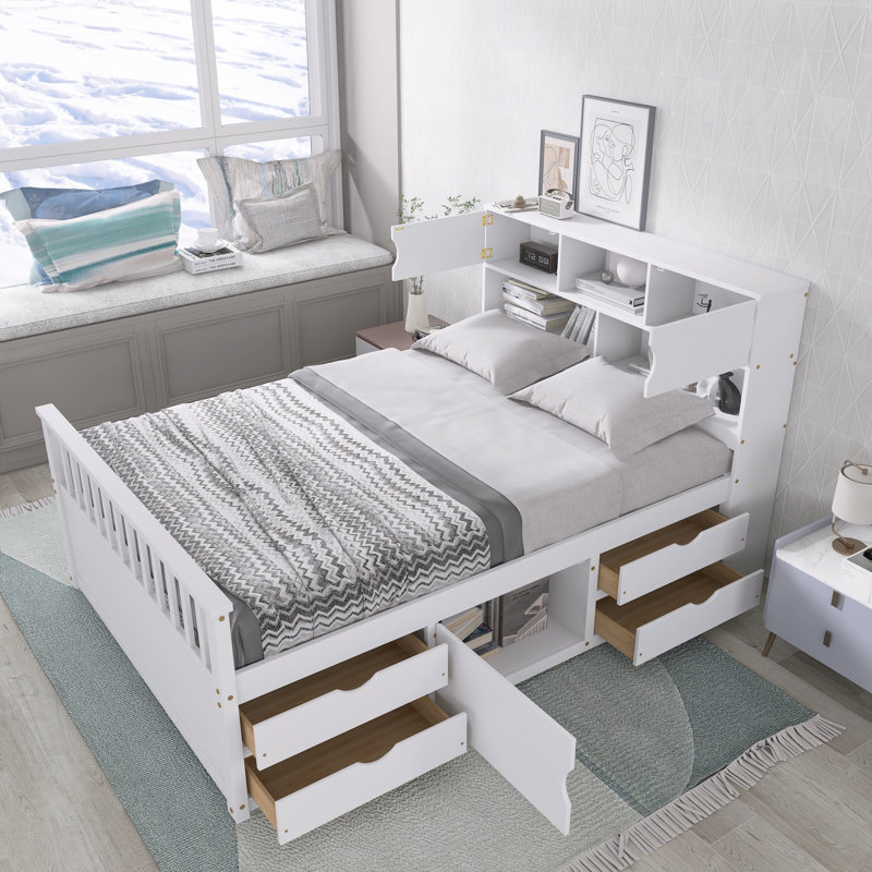 Full Size Platform Bed With Storage Bookcases & 4 Drawers, White