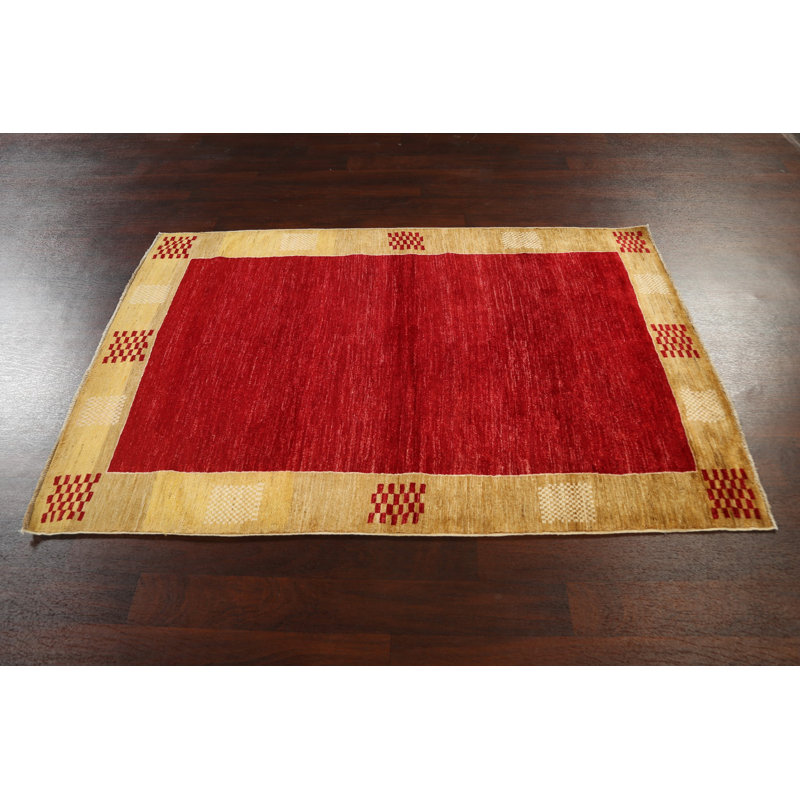 Tapis rouge noué à la main de conception unique 4 pi 3 po x 6 pi 4 po