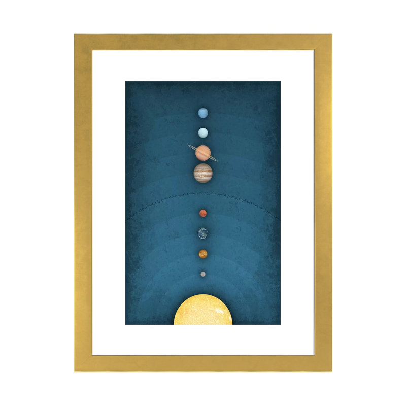 Système solaire sur bleu I - impression, Papier encadré doré, Blanc, H 24 po x l 16 po x P 1 po