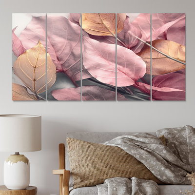 Ensemble de salon art mural en métal doré rose et feuilles Harmony II