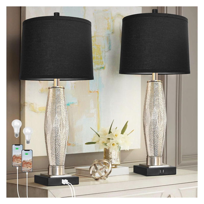 Table Lamps Set of 2, Modern Black Bedroom Lamps with USB A+C Charging Ports, 3 Color Temperature Glass Nightstand Lamps for Living Room, LED Bulbs Included