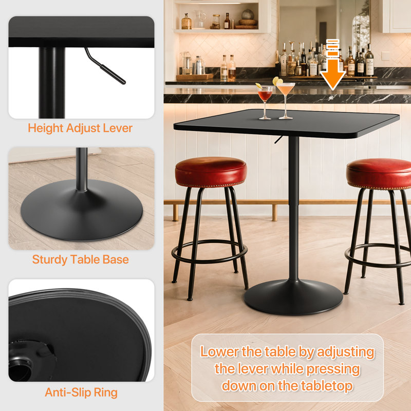 Bistro Pub Table Square Adjustable Height Cocktail Bar Table with Metal Base and Wooden Table Top, Black, 31.5" W x 31.5" L