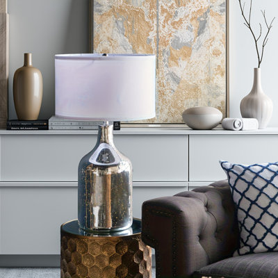 Lampe de table ronde en argent 18 x 32,2 po avec abat-jour tambour en tissu blanc - Lampe d'appoint élégante (assemblage de l'abat-jour requis)