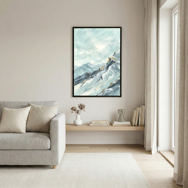 Tableau sur toile représentant une chaîne de montagnes enneigées bleues et blanches avec soleil et oiseaux, 36"H x 24"W