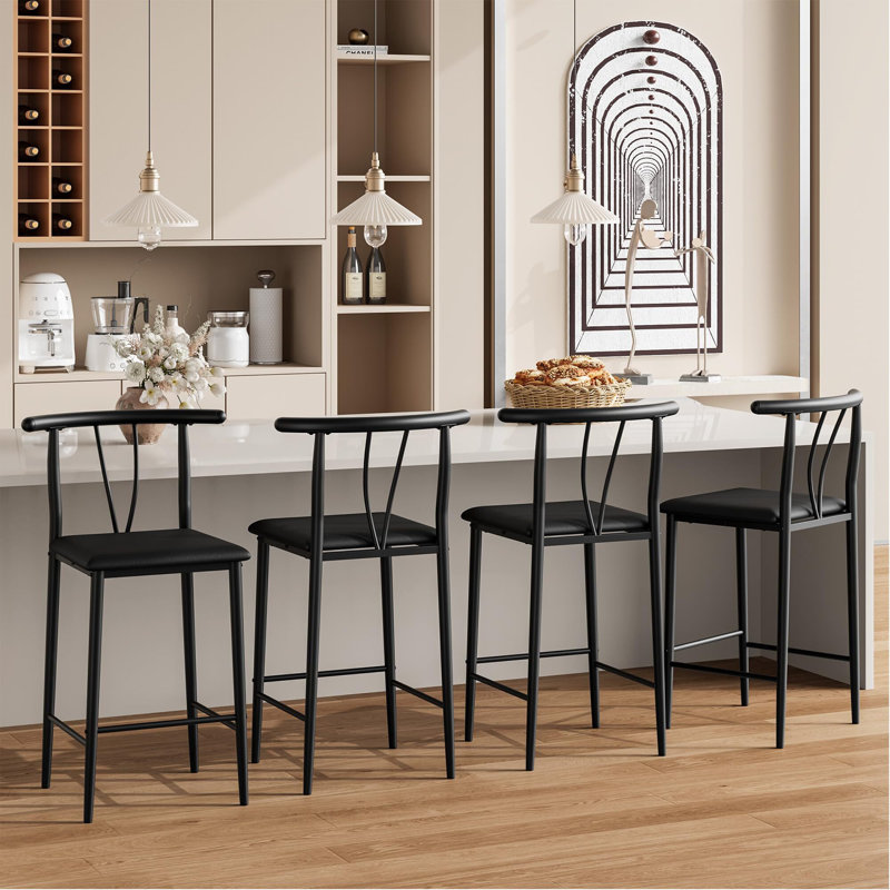 Ensemble de 4 tabourets de bar avec dossier, siège rembourré et repose-pieds, îlot de cuisine moderne à hauteur de comptoir de 25 po avec structure en acier robuste