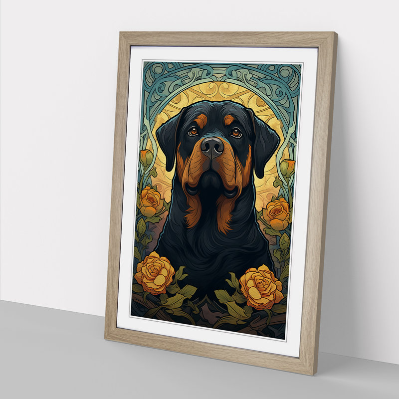 Rottweiler Nouveau - Single Picture Frame Print on Wood, 34cm H x 25cm W x 2cm D, Oak 