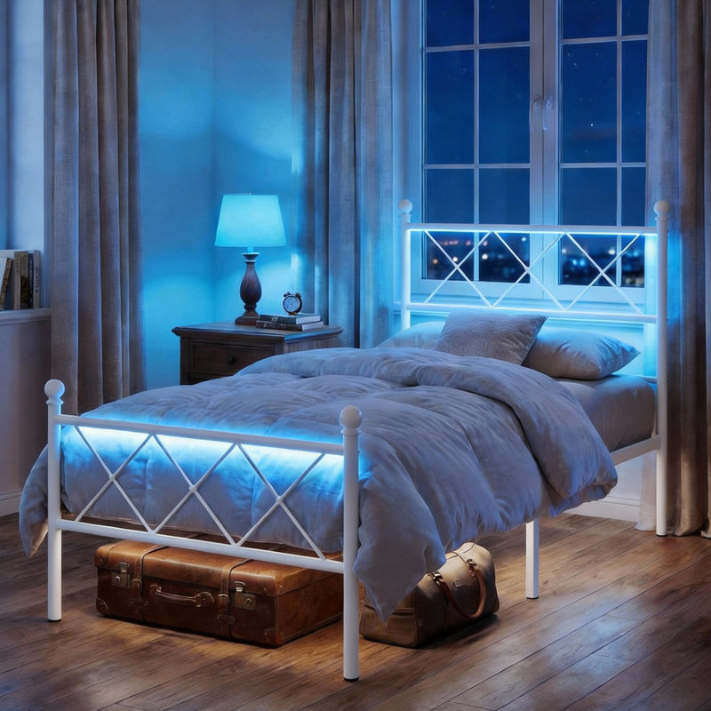 Twin Size White Metal Platform Bed Frame With RGB LED Lights,Charging Station,Heavy Duty,Remote And App Control,Under Bed Storage