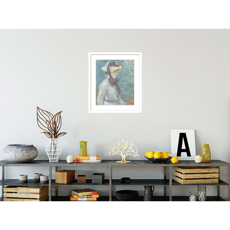 «Young Woman with a Straw Hat» par Berthe Morisot - Reproduction giclée encadrée, H 26,73 po x l 23,5 po