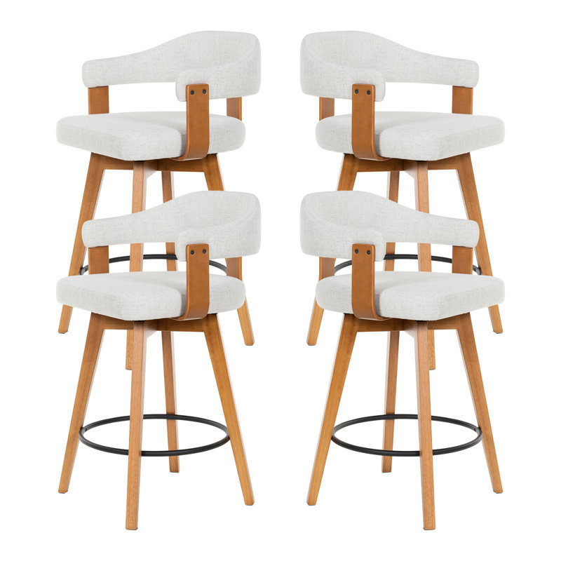 Swivel Upholstered Bar Stools 26" Counter Height, Dark Oak, Beige Linen, 4