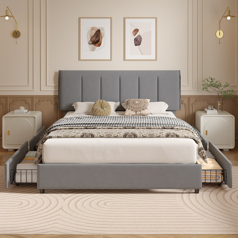  Cahlin Queen Storage Bed Frame Velvet Upholstered Platform Bed with 4 Storage Drawer, Adjustable Headboard and Wood Slat Support, Gray