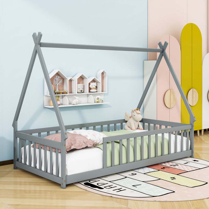 Twin Wood Tent-Shaped Teepee Bed With Guardrails, Gray