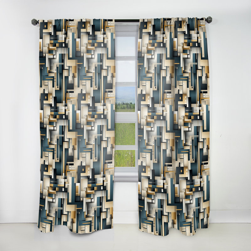 Motif géométrique doré et gris I - rideau obscurcissant abstrait - 1 panneaux, L 52 po x L 90 po