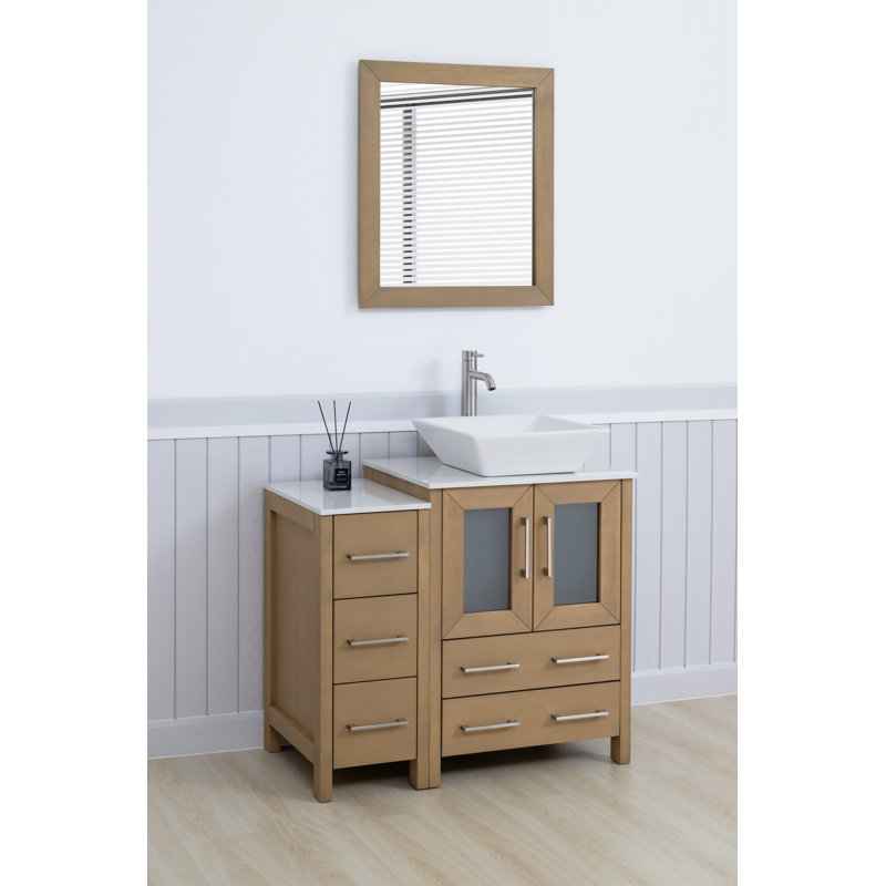 Ensemble de meuble-lavabo sur pied 36 po avec plateau en marbre et miroir assortis Ravenna, Chêne naturel