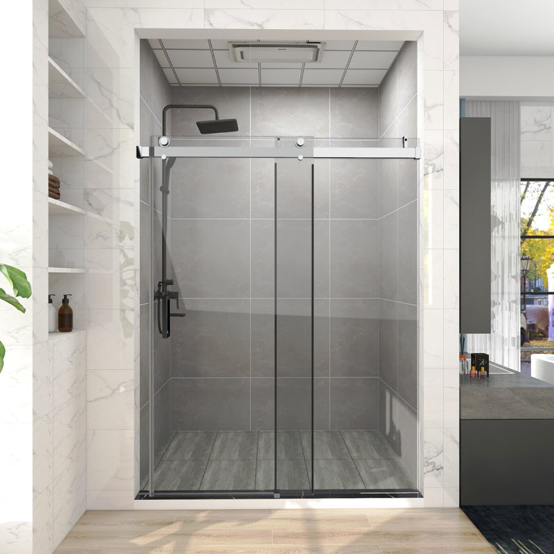 60 In. W X 76 In. H Single Sliding Frameless Shower Door/Enclosure In Chrome Finish With Clear Glass, Chrome