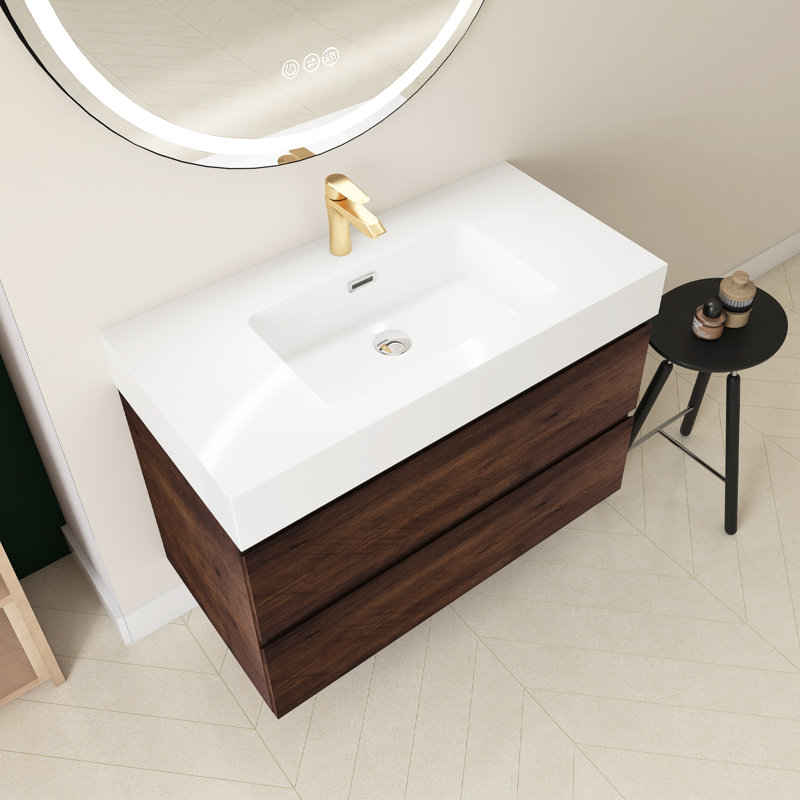 Meuble-lavabo simple 36 po avec plateau Semyah, Noyer, Blanc