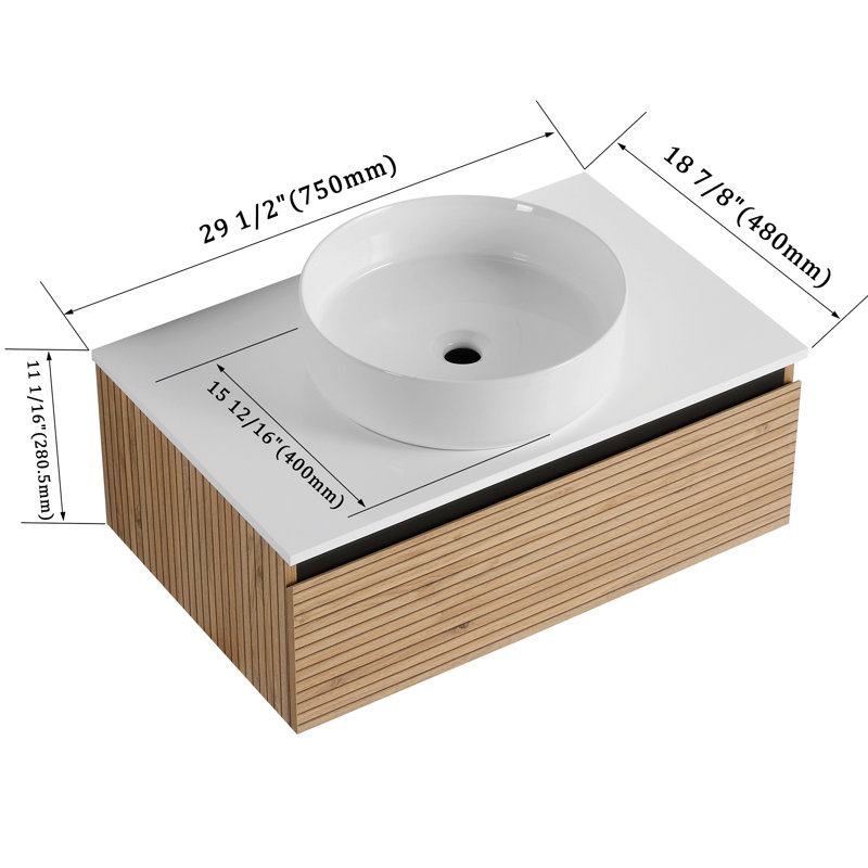 Wall-Mounted Bathroom Vanity with Ceramic Sink, 1-Soft-Close Drawer, 11.12 "H x29.52"W x 18.92"D, Light Coffee