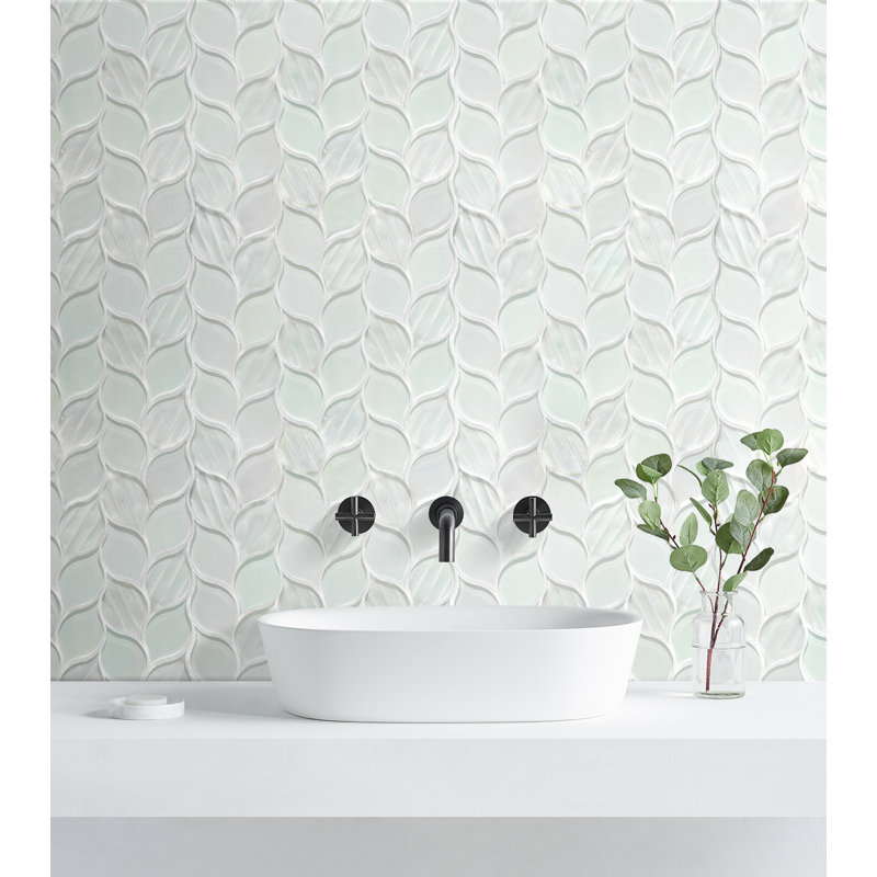 Carreaux muraux en mosaïque de verre et de pierre irisés, découpés au laser, 29 x 30 cm | Motif de feuilles de vigne ascendantes | 10 pièces par boîte (environ 0,86 m² au total)