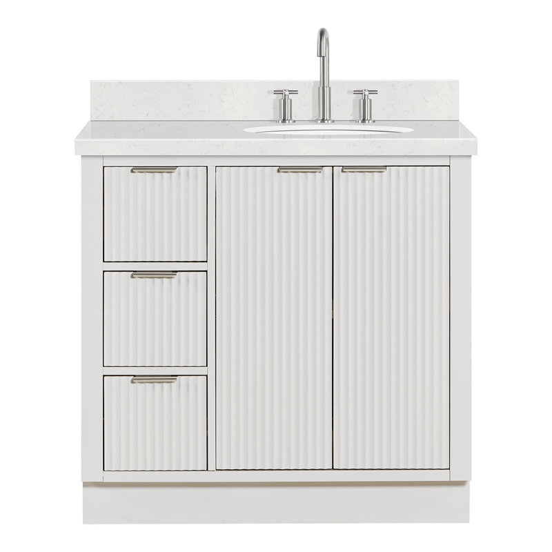 Meuble-lavabo simple 36 po avec comptoir à quartz blanc Carrara, Oui, Ovale, Blanc chaud