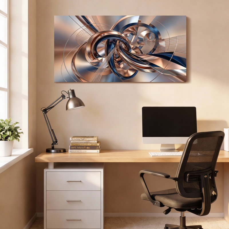 Ensemble de 1 tableau sur toile tendue, motif abstrait de tourbillons et de courbes métalliques., H 24 po x l 48 po