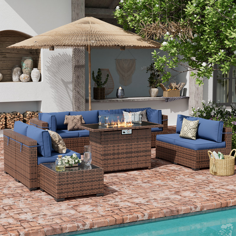 8-Person Outdoor Seating Group with Fire Pit Table & Coffee Table, Blue