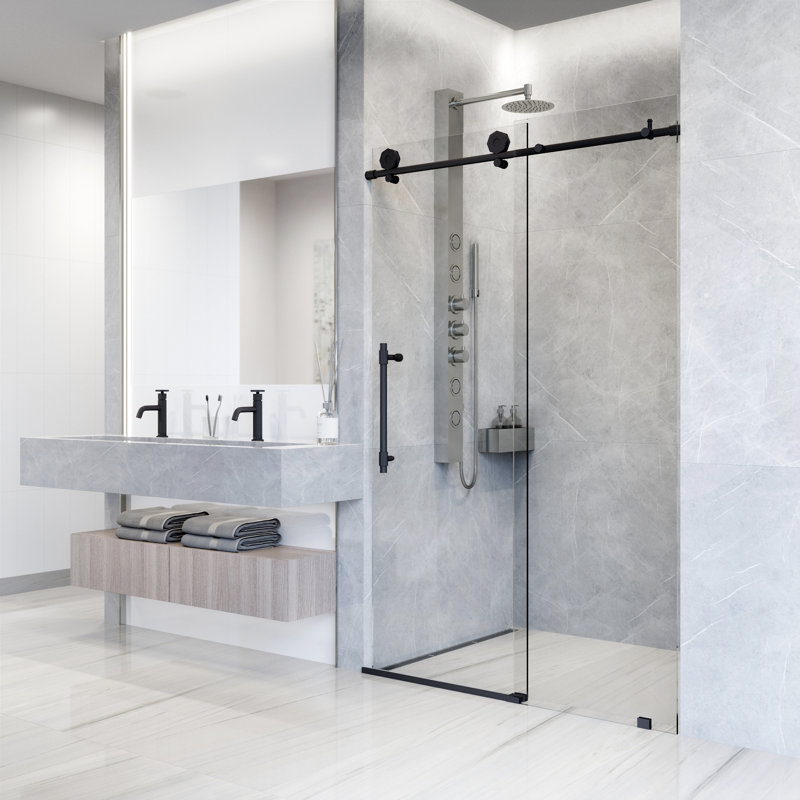 Elan Hart 56-60" W x 76" H Sliding Frameless Shower Door with 3/8" Clear Glass, Matte Black