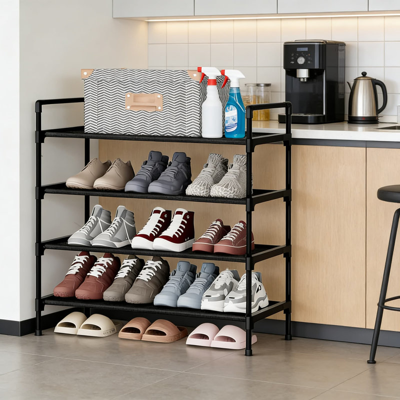 Étagère à chaussures étroite à 4 niveaux pour le couloir d'entrée ou le rangement de la chambre à coucher, conception facile à assembler et peu encombrante avec tablettes réglables