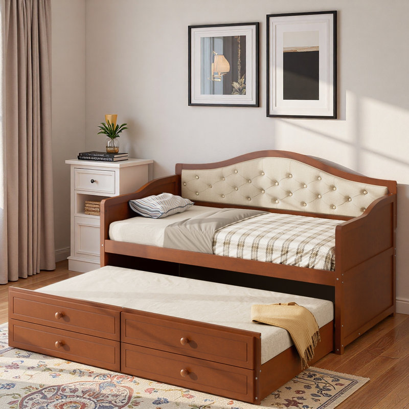 Wooden Daybed With Trundle, 2 Storage Drawers And Upholstered Button Tufted Backrest, Walnut
