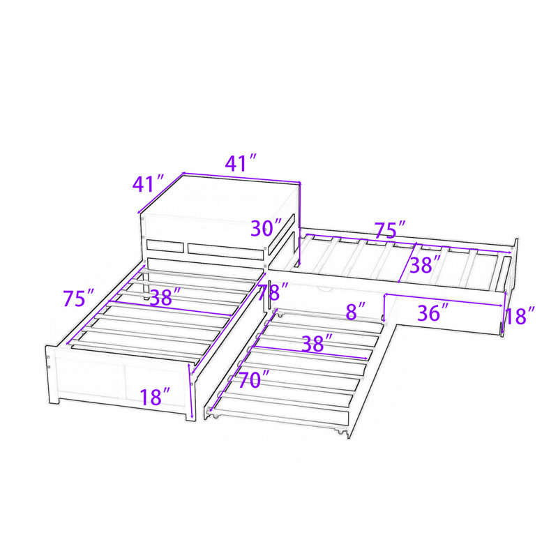 Twin Size 2 Drawers L-shaped Platform Beds with Trundle and Built-in Table, Espresso