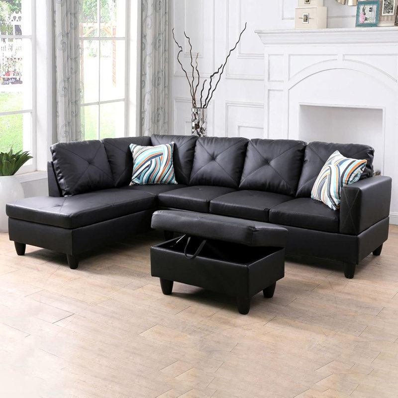 3-piece Faux Leather Sectional Sofa, Black Faux Leather, Left Hand Facing