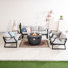 All-Weather Aluminum Patio Sofa Set With Fire Pit Table - Modular Sectional & Teak-Look Accents