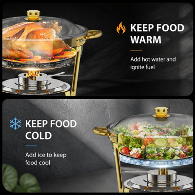 Round Buffet Catering Dish Set for Home and Outdoor Use, 6-Piece Golden Set for Chilling and Warming Food