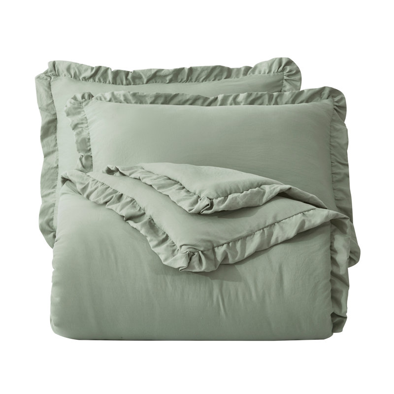 Sage Green Twin Microfiber Reversible Comforter Set with Ruffled Trim