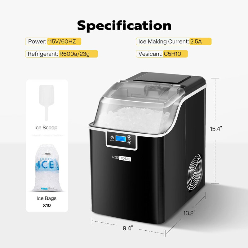 Black Stainless Steel Portable Countertop Nugget Ice Maker