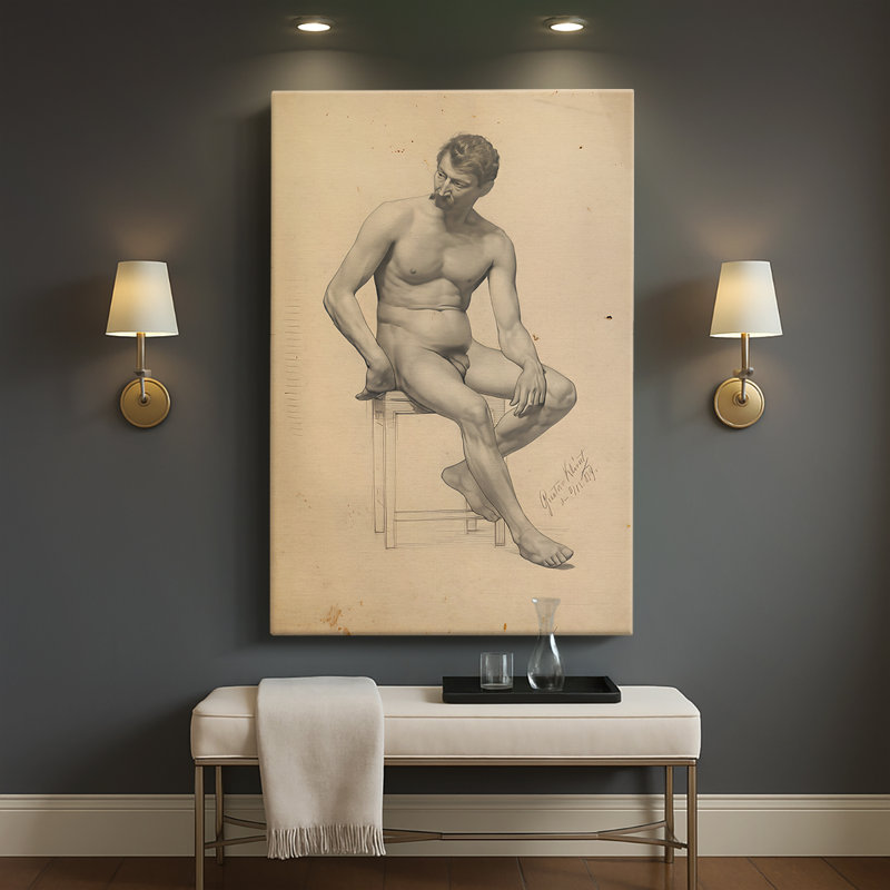 Nu masculin assis, regardant vers la gauche - toile tendue par Gustav Klimt, 32 x 48