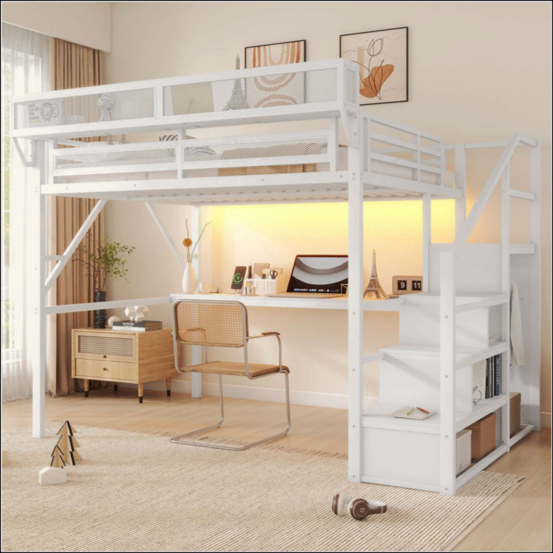 Lit avec bureau et station de charge, lit mezzanine en métal avec escalier et lumière pour enfants adolescents