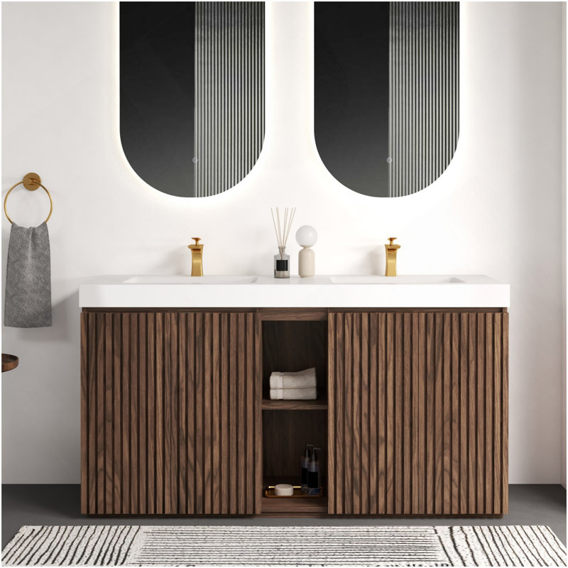 Winston Walnut Bathroom Vanity With Sink, Large Storage Freestanding Bathroom Vanity For Modern Bathroom, One-Piece White Quartz Double Sink Basin Without Drain And Faucet