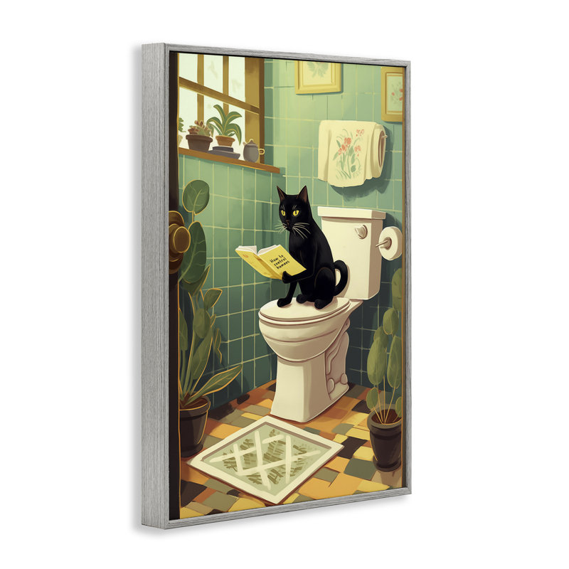 Chat lisant sur la toilette, estampe numérique, design par Andreas Magnusson, H 24 po x l 16 po, Estampe numérique Farmhouse