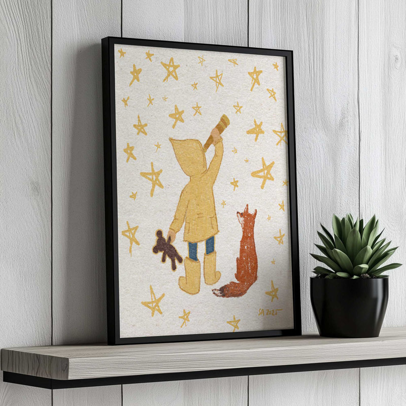 «Starry Skies Fox and Explorer» par Sarah Amar, reproduction d'art sur toile, H 32 po x l 24 po, Noir