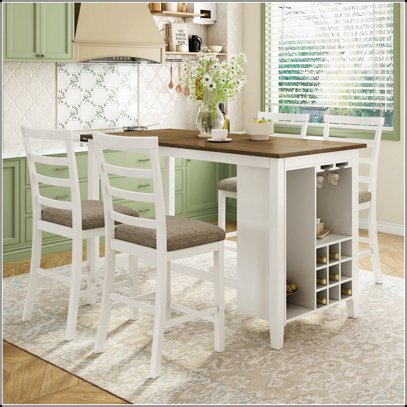 5-Piece Multi-Functional Rubber Wood Counter Height Dining Set with Padded Chairs, White, White/Brown, Brown