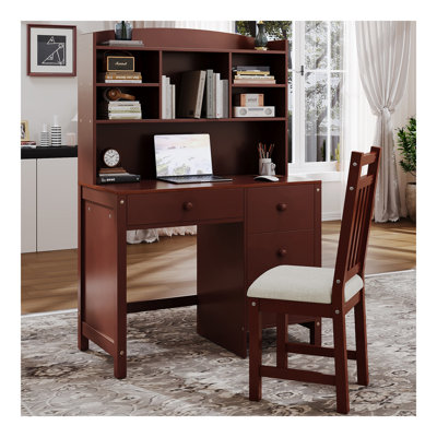 Ensemble de bureau de direction et chaise rembourrée 40 po avec bibliothèque, bureau d'ordinateur à quatre tiroirs, tablette de rangement et chaise Vintage, idéale pour le bureau ou le bureau dans la chambre à coucher ou le salon