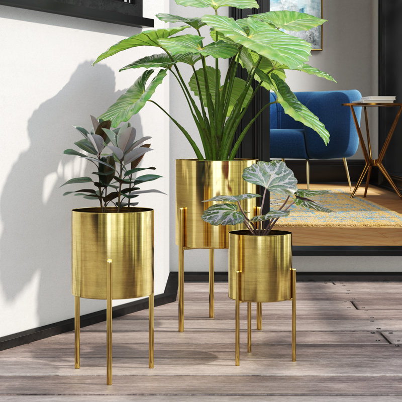Persinger Black Metal Indoor Outdoor Planter with Removable Stand, Set of 3, Gold