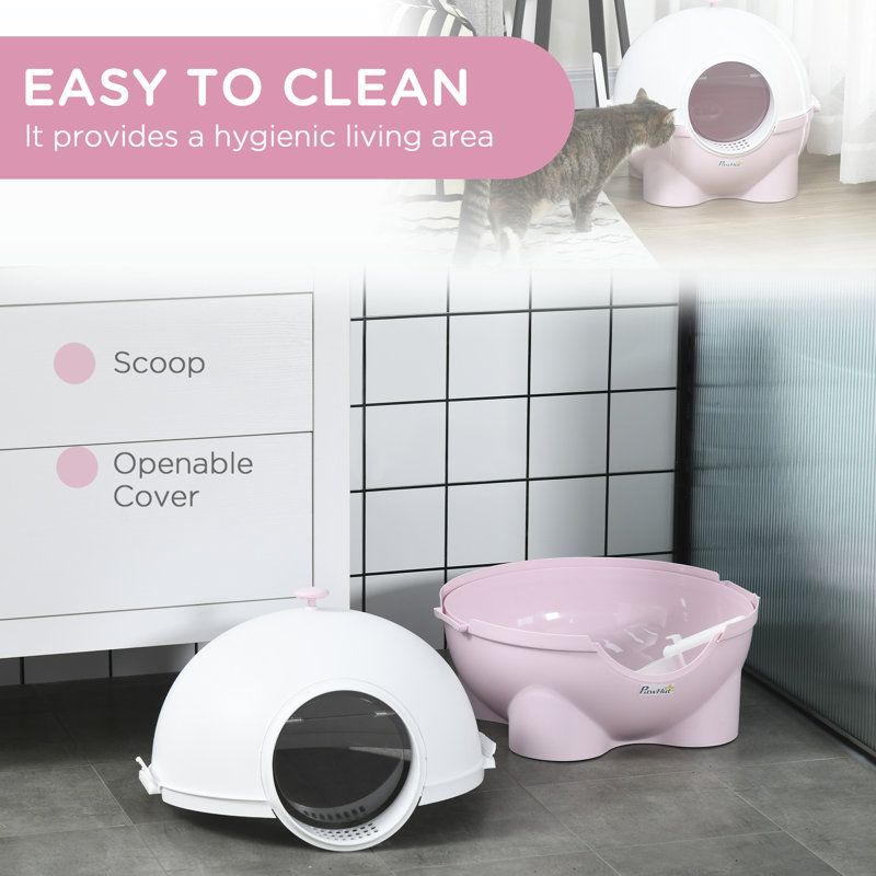 Large Pink and White Hooded Cat Litter Box with Scoop