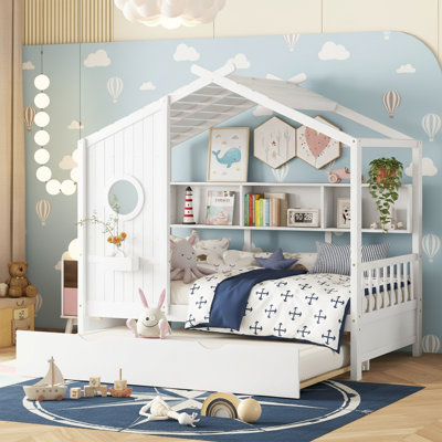  Twin Size Wood House Bed with Trundle and Shelves - 82" Wide Montessori Playhouse Frame