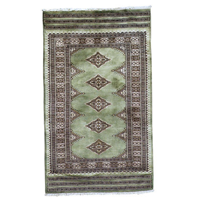 Tapis brun / vert en laine noué à la main de conception unique 3 pi x 4 pi 11 po