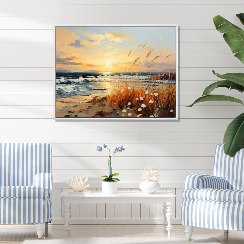 «Alixandria Beach Breeze Pointillism II», reproduction sur toile, H 30 po x l 40 po x P 1,5 po, Cadre flottant blanc