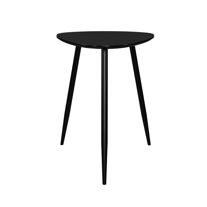 Table d'appoint triangulaire en bois de manguier massif, fini noir, bords arrondis, idéale pour le salon. Table d'appoint moderne en bois, pieds évasés.