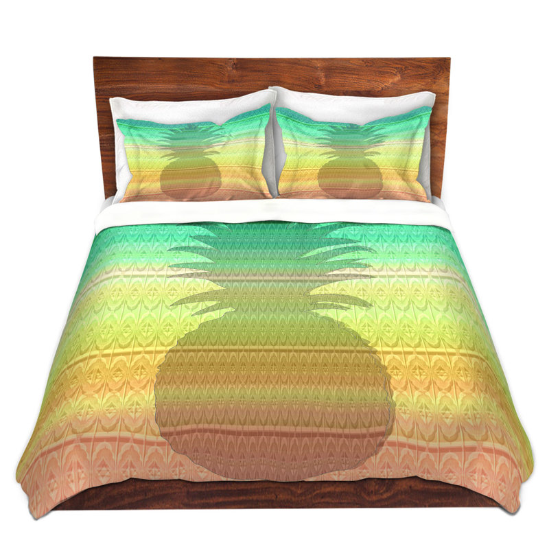 Ensemble de housse de couette ananas, 1 housse simple + 1 taie standard, Vert / jaune / orange