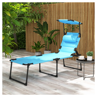 Chaise longue d'extérieur réglable avec auvent et coussin Outsunny, méridienne pliante en acier bleu clair