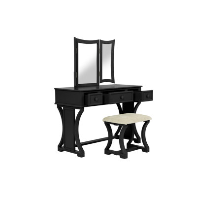 Ensemble de meuble-lavabo unique moderne avec tabouret et tiroirs à miroir pliables avec placage en panneau de fibres à densité moyenne de couleur noire
